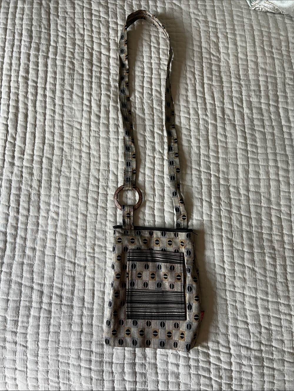 Patterned Beige and Black Crossbody Bag with Front Zip Pocket